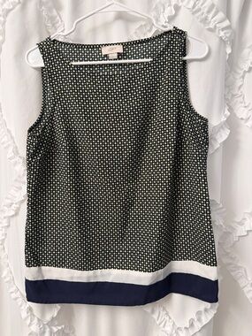 LOFT Navy and Cream Sleeveless Dot Shell with Contrast Bands